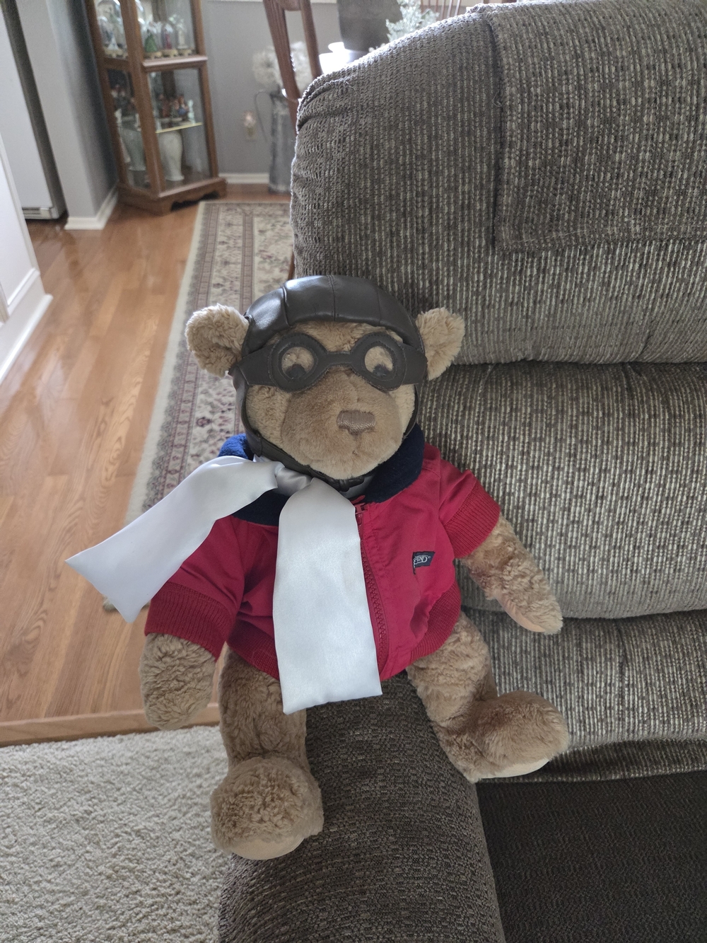 Aviator Teddy Bear Plush with Red Jacket and White Scarf